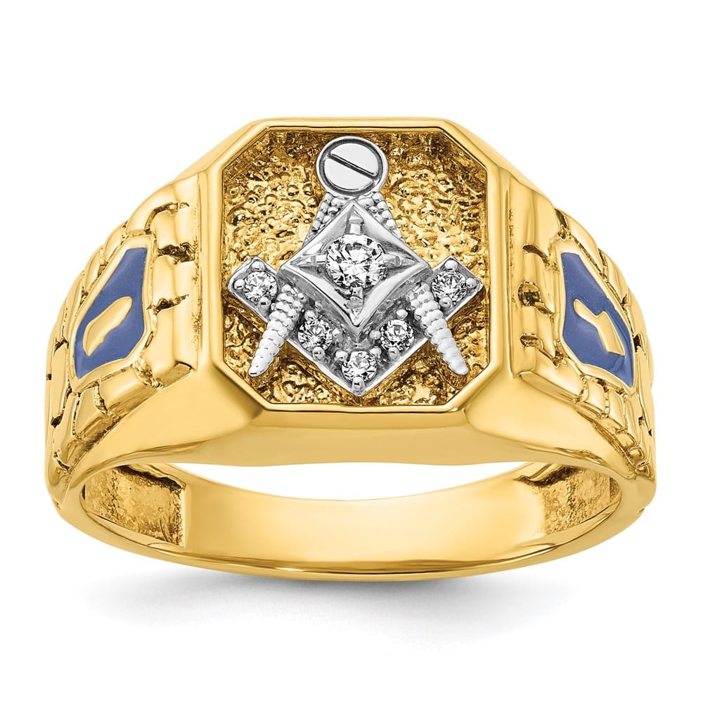 14k Two-Tone Gold Diamond 7.51 g with Blue Enamel and Blue Lodge Ring