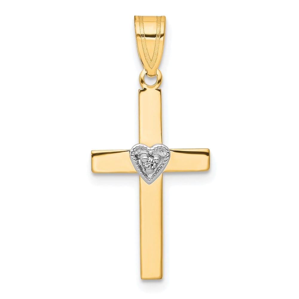 14K Two-Tone Gold Diamond Heart Cross Pendant