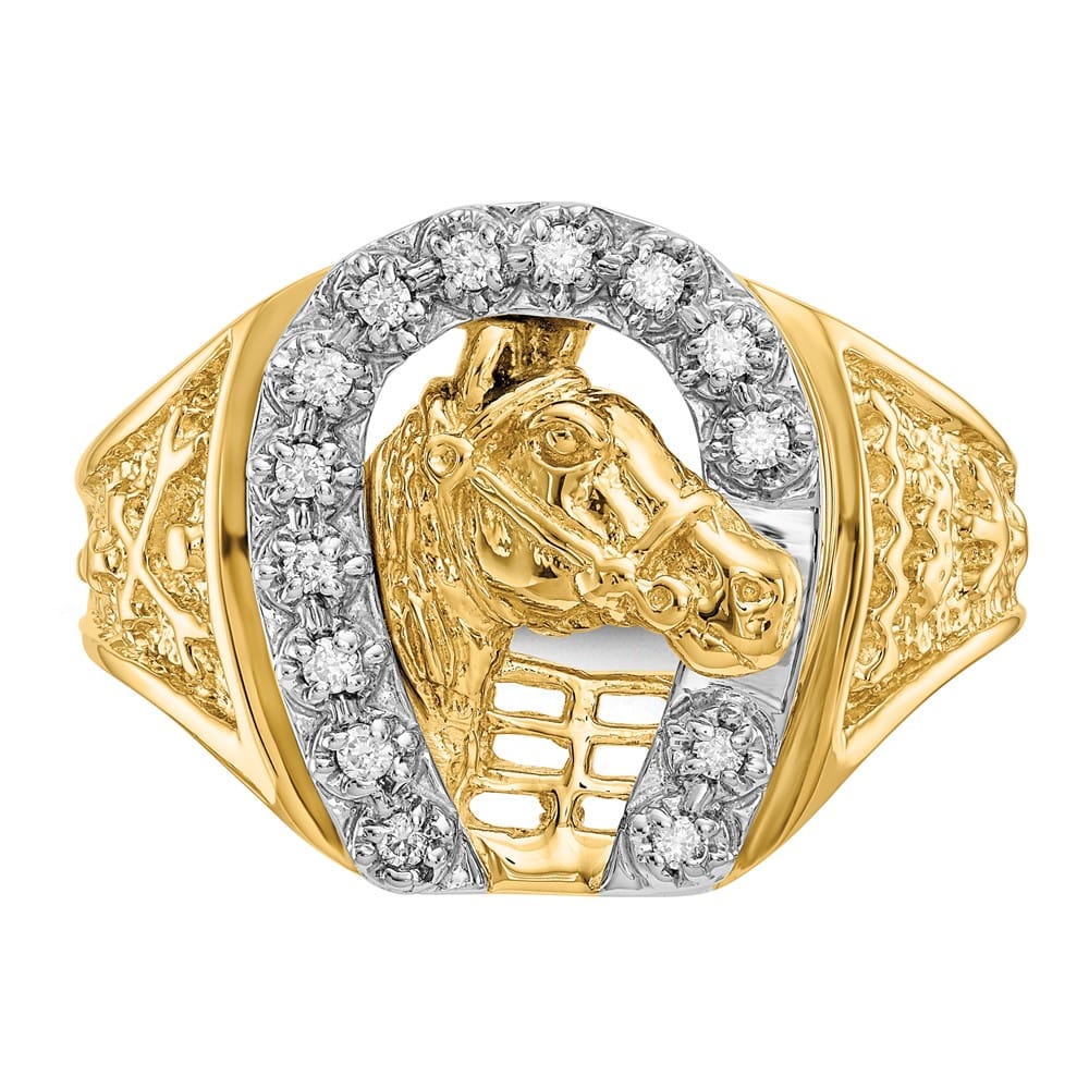 14k Two-Tone Gold Diamond Horseshoe with Horse in Center Men's Ring