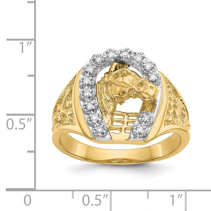 14k Two-Tone Gold Diamond Horseshoe with Horse in Center Men's Ring