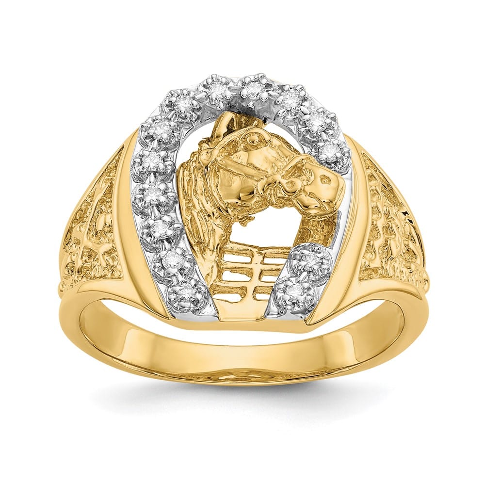 14k Two-Tone Gold Diamond Horseshoe with Horse in Center Men's Ring