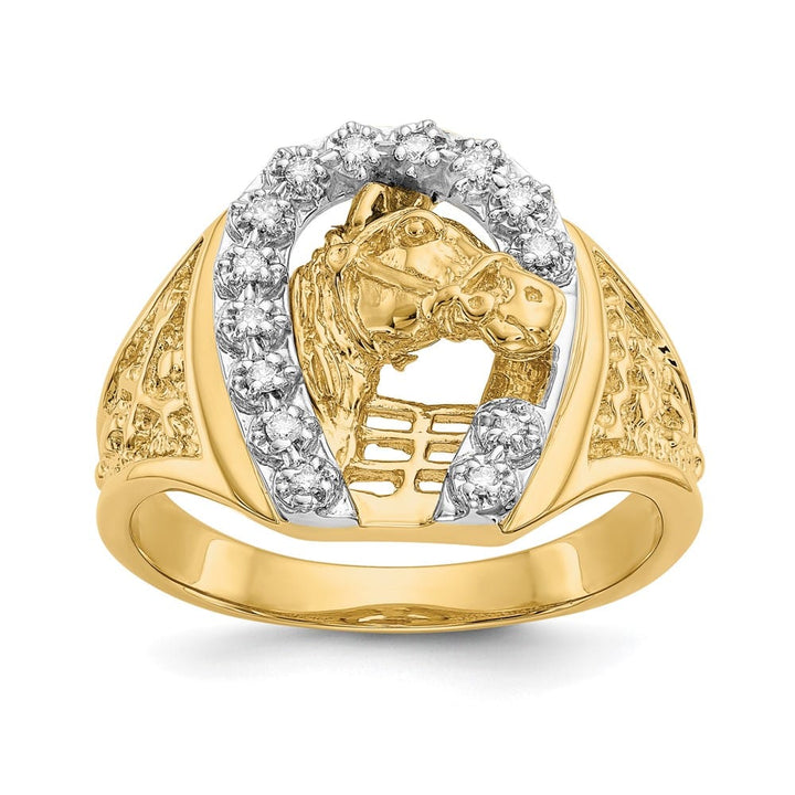 14k Two-Tone Gold Diamond Horseshoe with Horse in Center Men's Ring