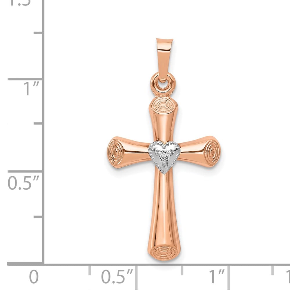 14K Two-Tone Gold Diamond Polished Hollow Latin Heart Cross Pendant
