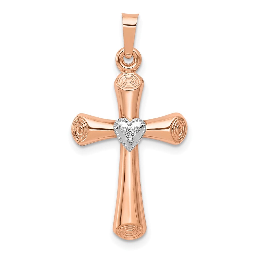 14K Two-Tone Gold Diamond Polished Hollow Latin Heart Cross Pendant