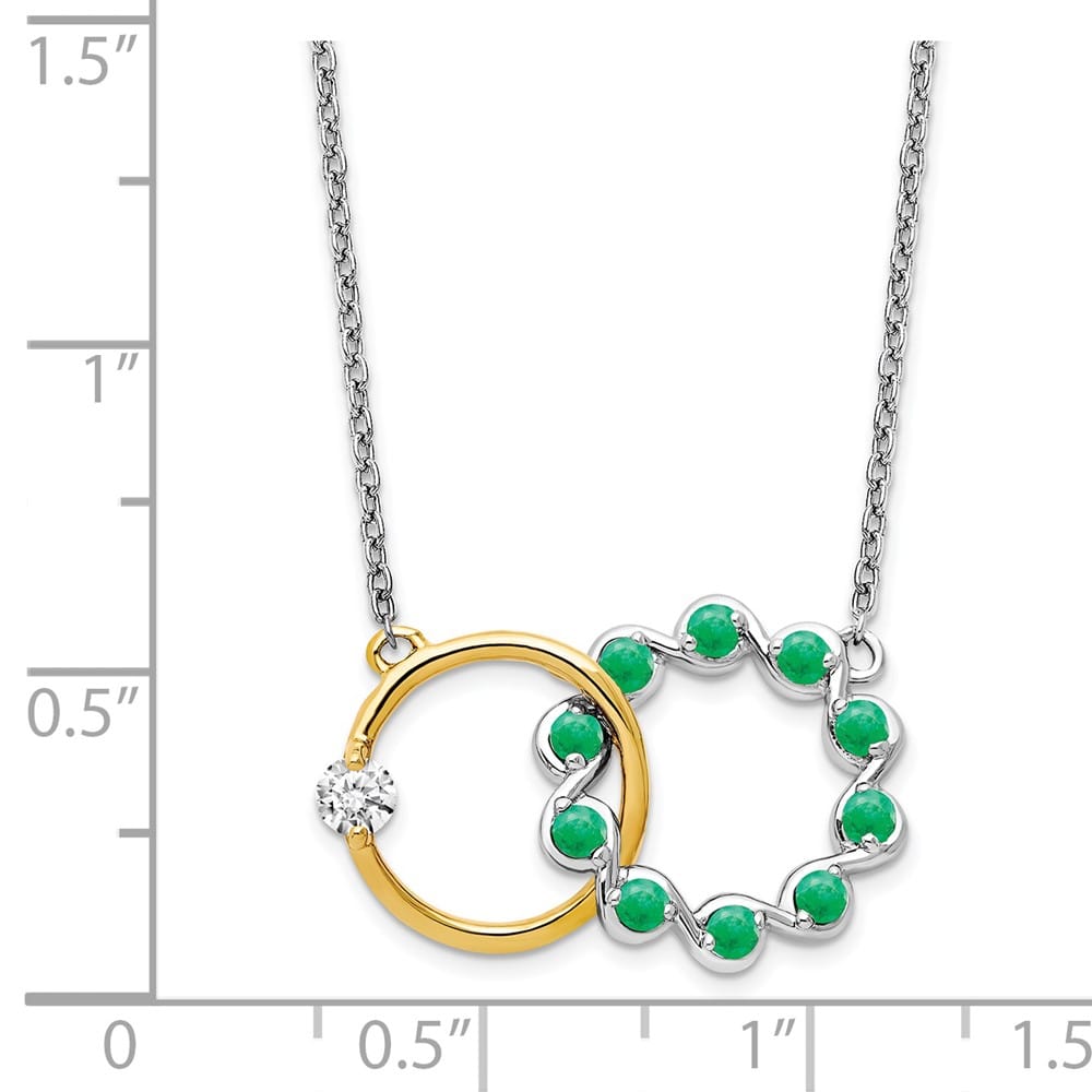 14K Two-Tone Gold Emerald Diamond Interlocked Rings 18 inch Necklace