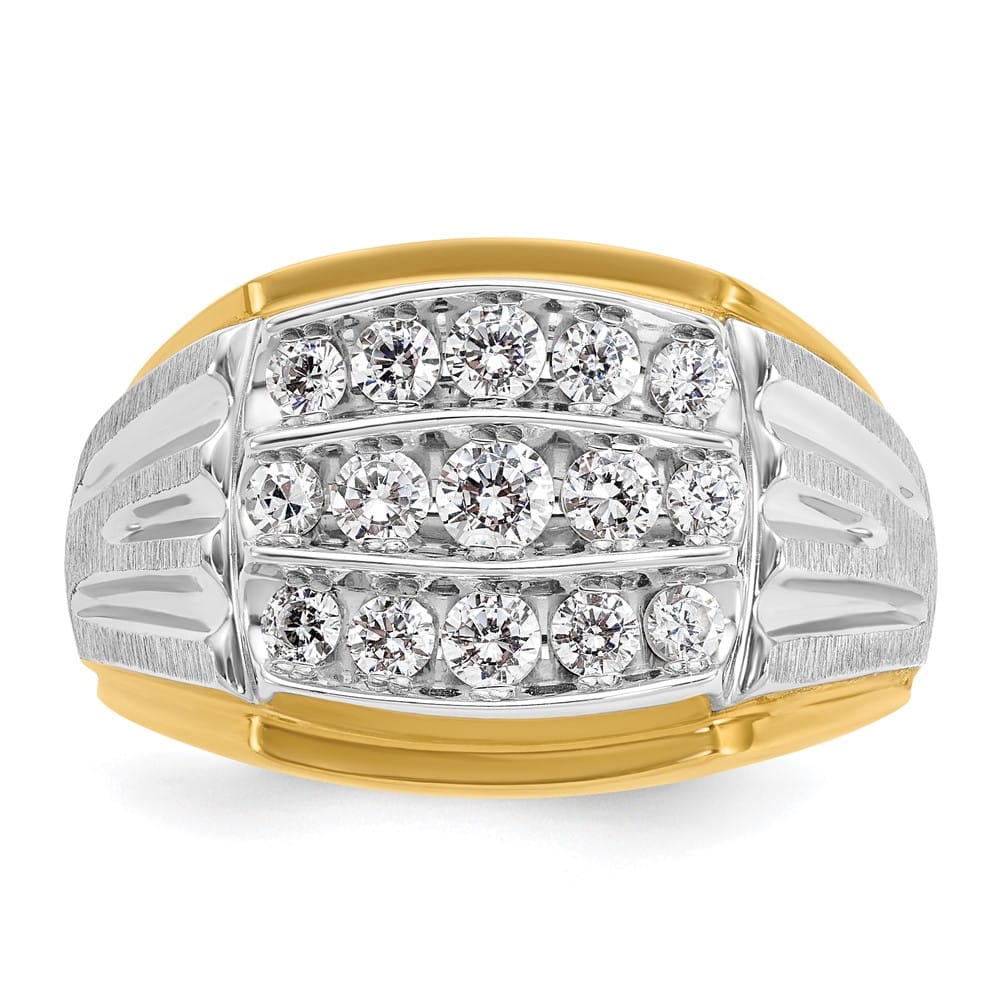 14k Two-Tone Gold Grooved 3-Row I1 Quality Diamond Men's Ring