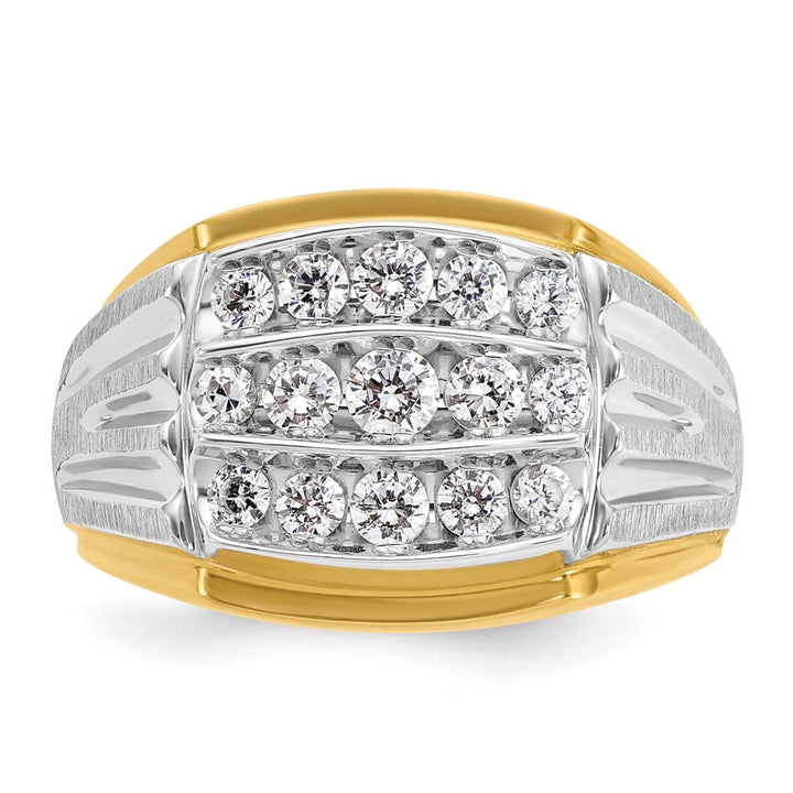 14k Two-Tone Gold Grooved 3-Row I1 Quality Diamond Men's Ring