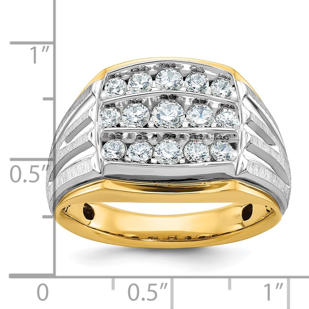 14k Two-Tone Gold Grooved 3-Row I1 Quality Diamond Men's Ring