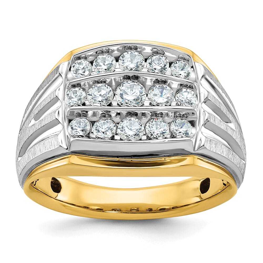 14k Two-Tone Gold Grooved 3-Row I1 Quality Diamond Men's Ring