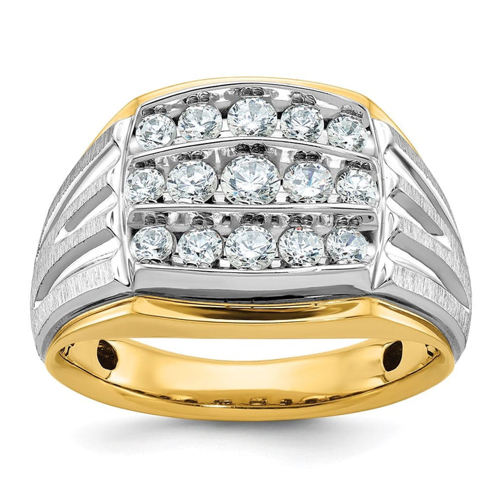 14k Two-Tone Gold Grooved 3-Row I1 Quality Diamond Men's Ring