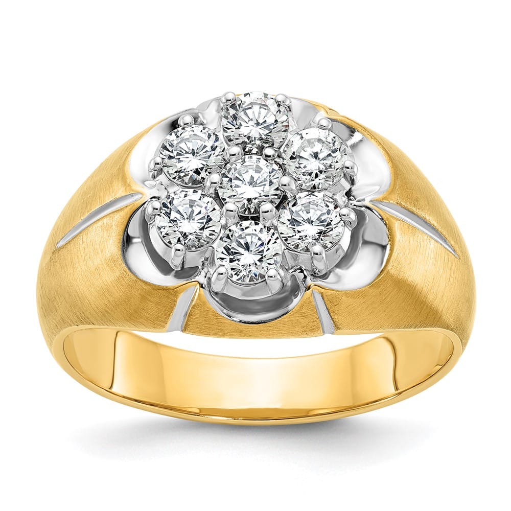 14k Two-Tone Gold Grooved I1 Quality Diamond Round Cluster Men's Ring