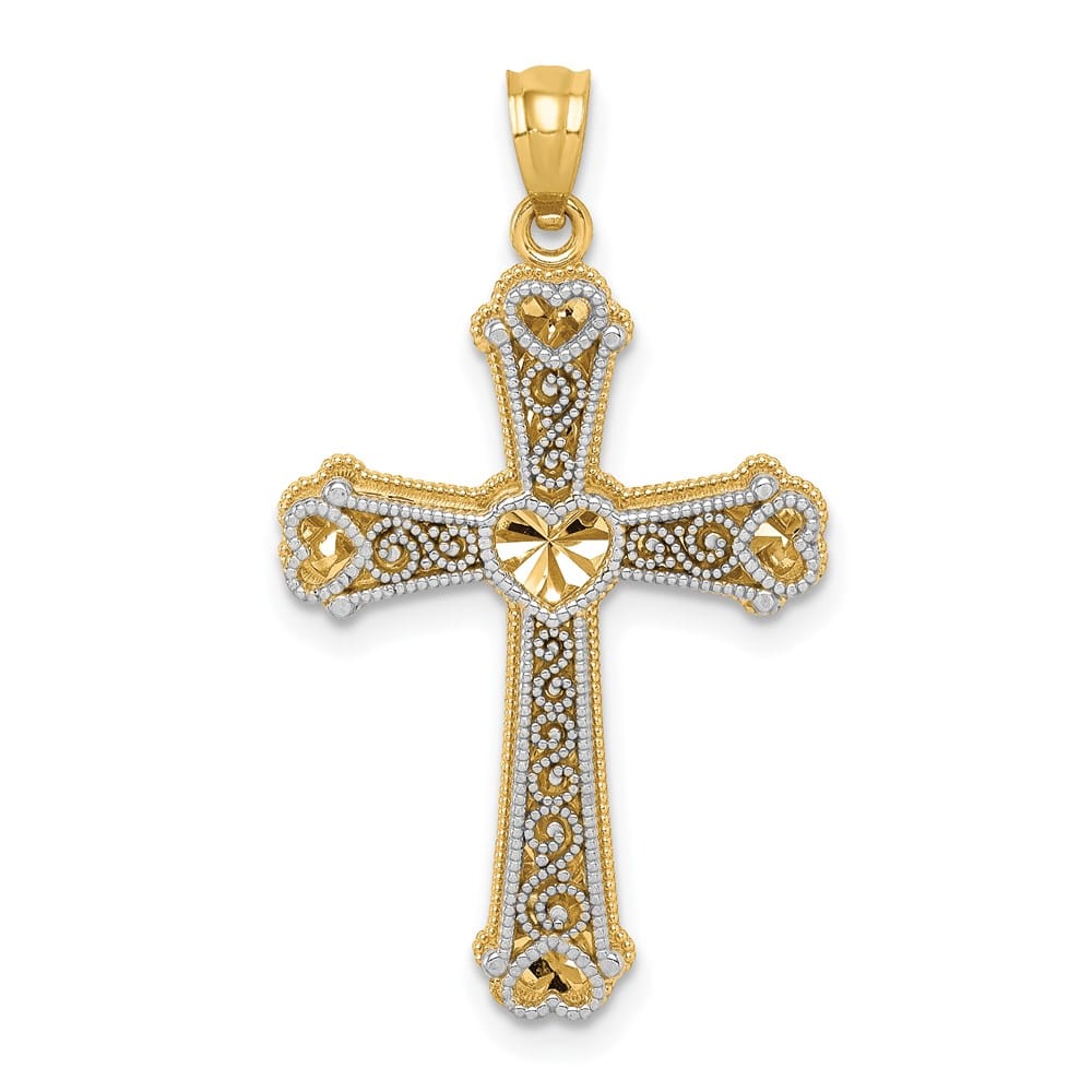 14K Two-Tone Gold Hearts Cross Pendant