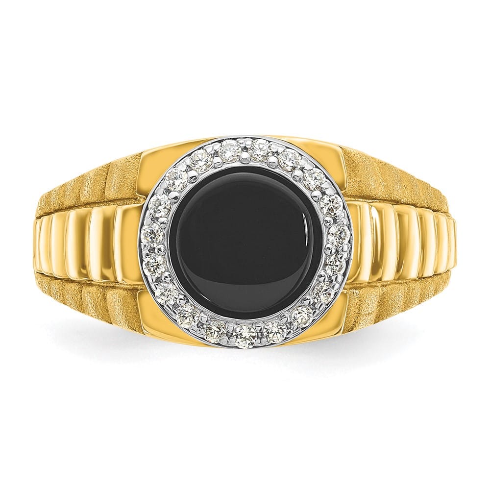 14k Two-Tone Gold IB Goodman Round Onyx and Diamond Halo Men's Ring