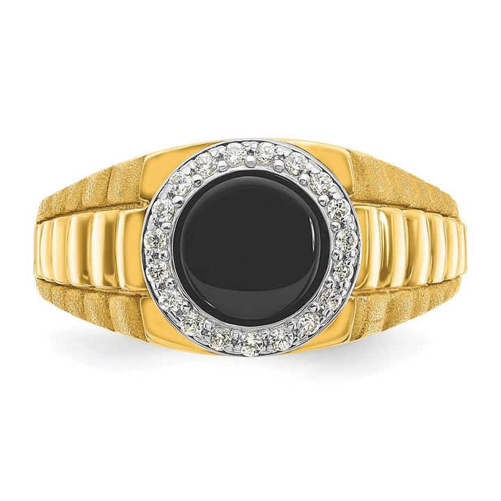 14k Two-Tone Gold IB Goodman Round Onyx and Diamond Halo Men's Ring
