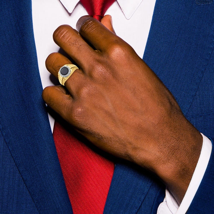 14k Two-Tone Gold IB Goodman Round Onyx and Diamond Halo Men's Ring