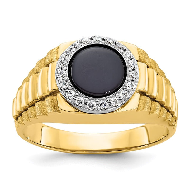 14k Two-Tone Gold IB Goodman Round Onyx and Diamond Halo Men's Ring