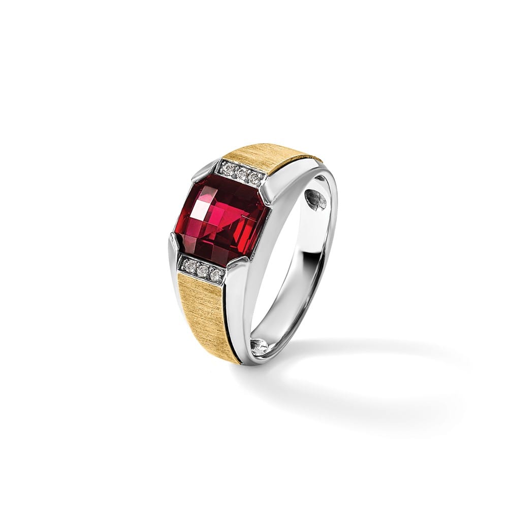 14k Two-Tone Gold Lab Created Garnet and I1 Quality Diamond Men's Ring