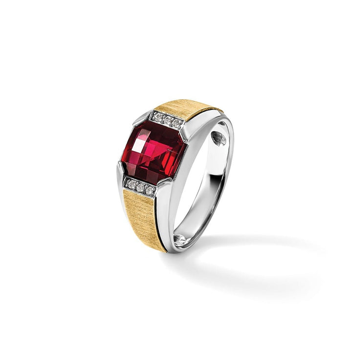 14k Two-Tone Gold Lab Created Garnet and I1 Quality Diamond Men's Ring