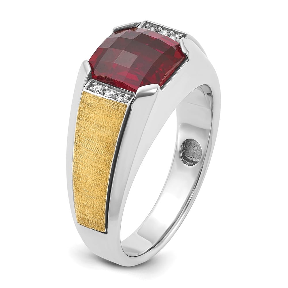 14k Two-Tone Gold Lab Created Garnet and I1 Quality Diamond Men's Ring