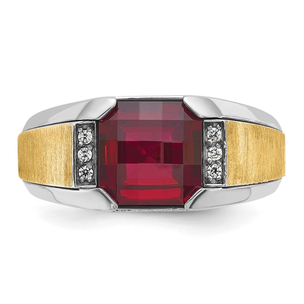 14k Two-Tone Gold Lab Created Garnet and I1 Quality Diamond Men's Ring
