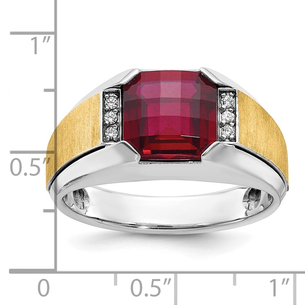 14k Two-Tone Gold Lab Created Garnet and I1 Quality Diamond Men's Ring
