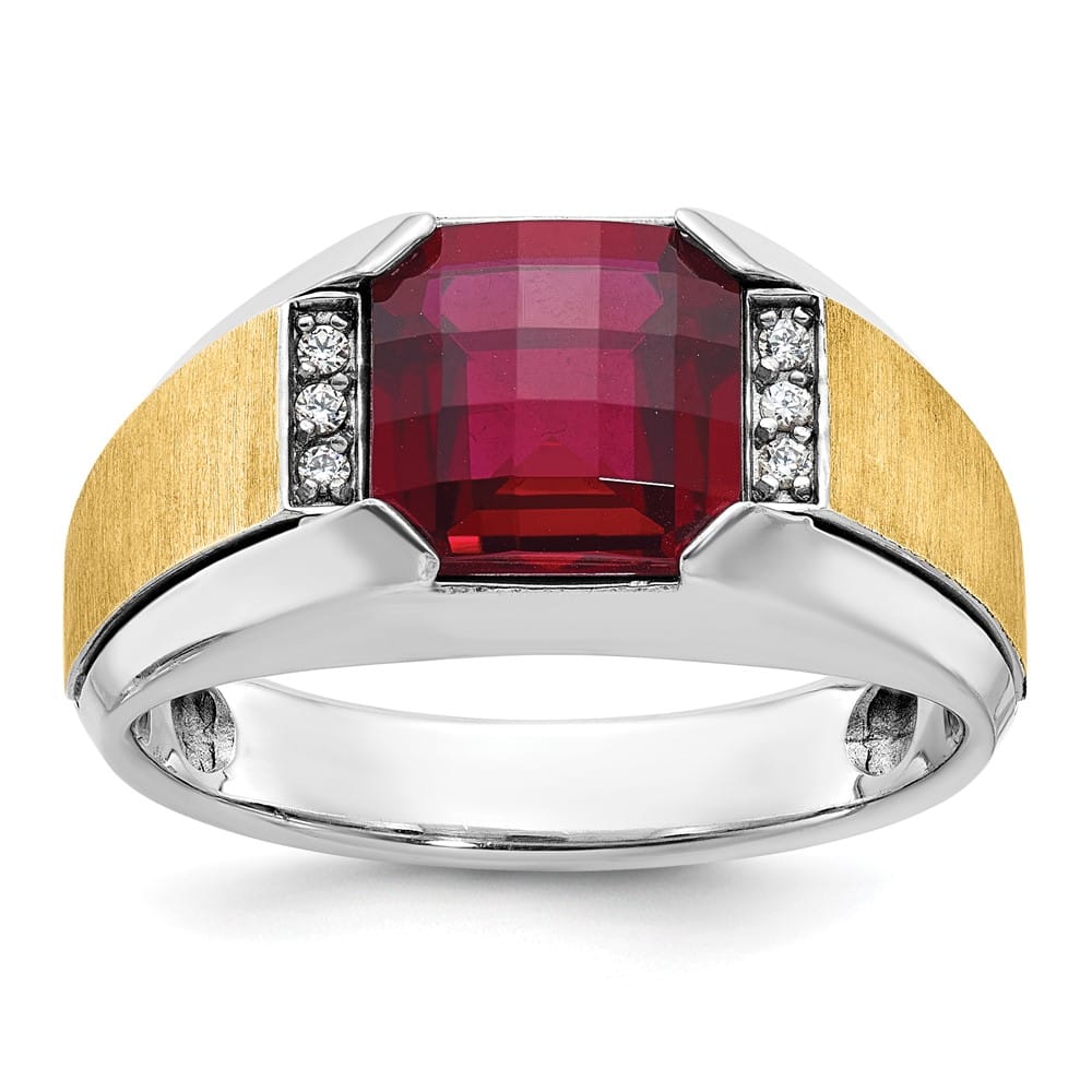14k Two-Tone Gold Lab Created Garnet and I1 Quality Diamond Men's Ring