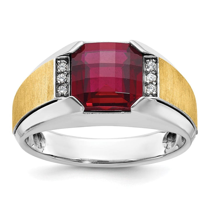 14k Two-Tone Gold Lab Created Garnet and I1 Quality Diamond Men's Ring