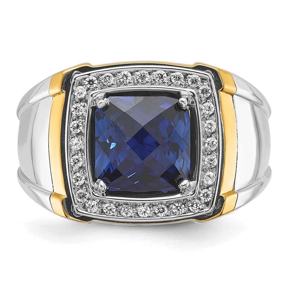 14k Two-Tone Gold Lab Created Sapphire and I1 Diamond Men's Ring