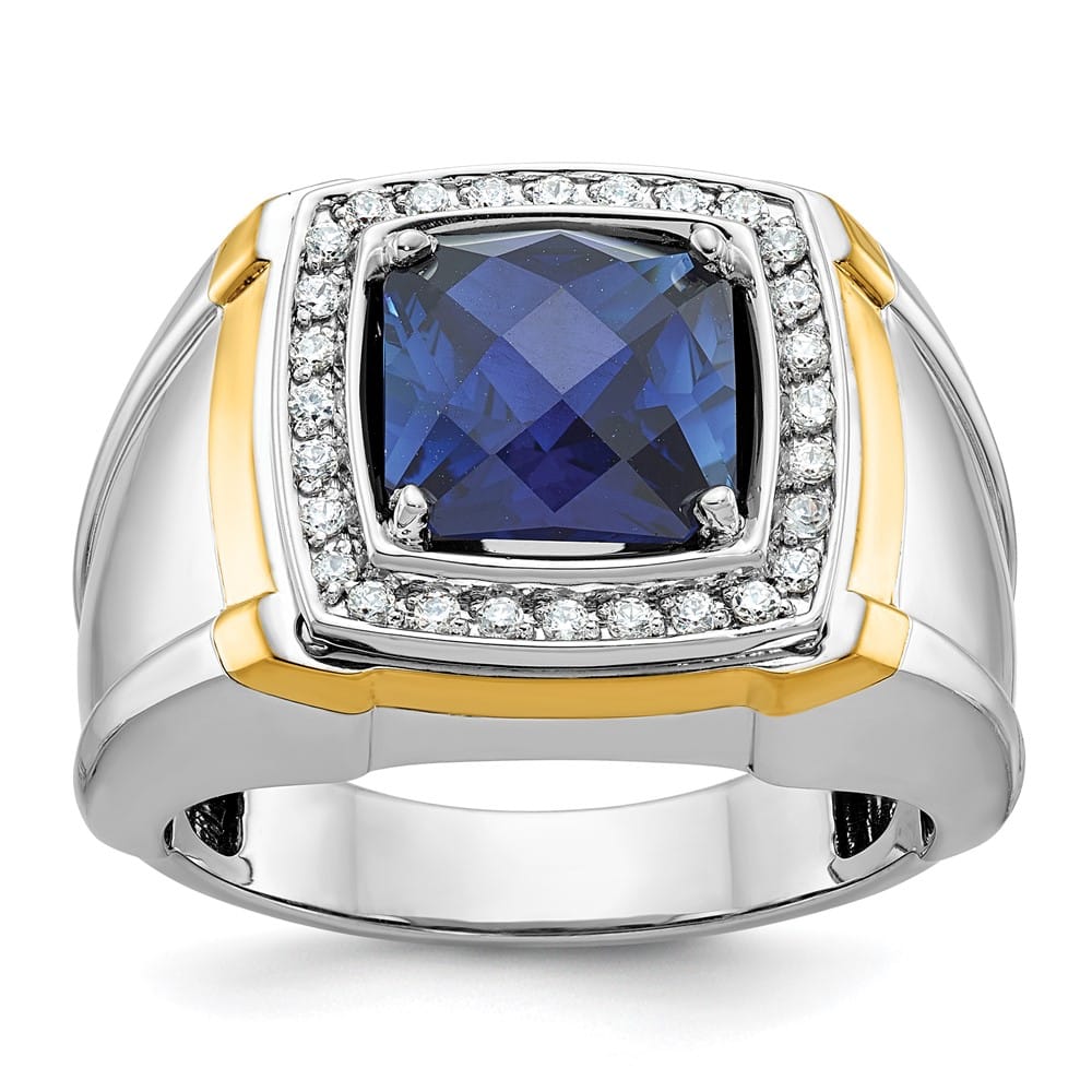 14k Two-Tone Gold Lab Created Sapphire and I1 Diamond Men's Ring