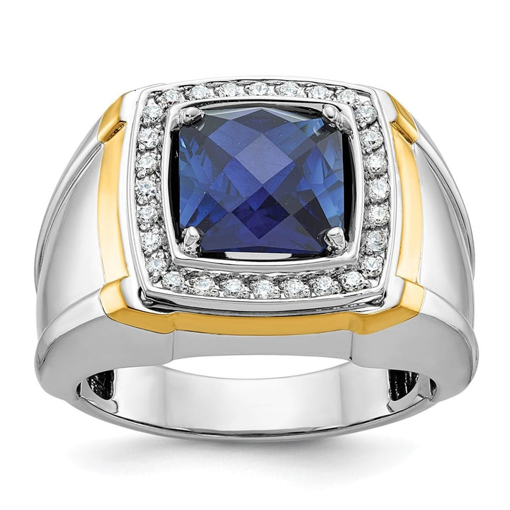 14k Two-Tone Gold Lab Created Sapphire and I1 Diamond Men's Ring