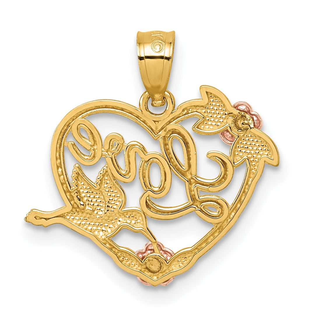 14K Two-Tone Gold Love Floral and Bird Heart Pendant