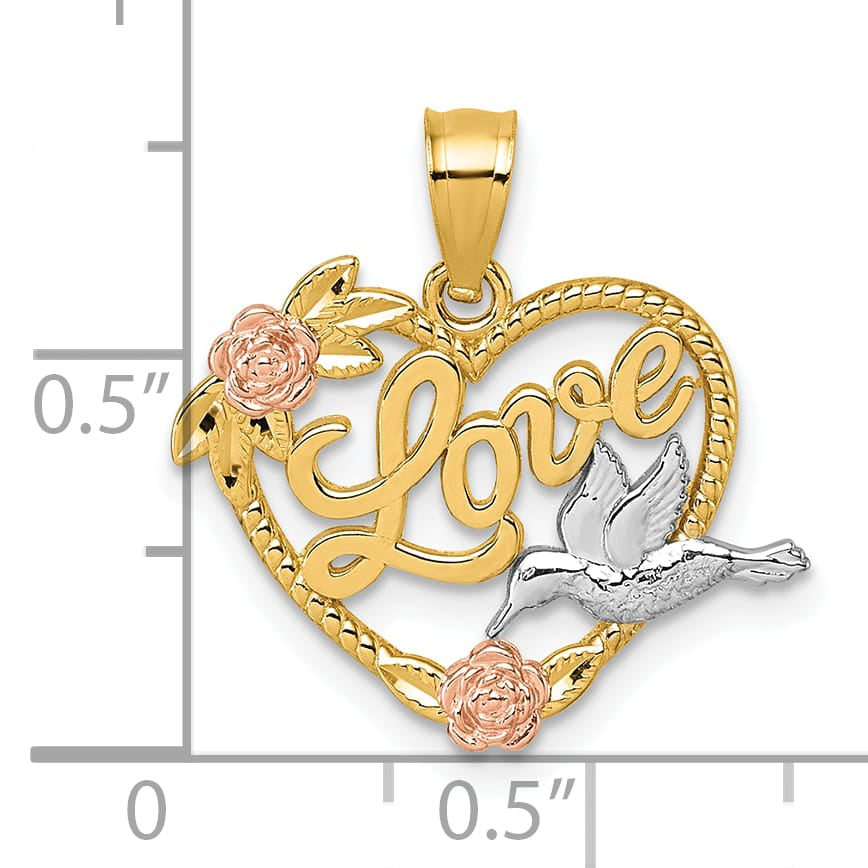 14K Two-Tone Gold Love Floral and Bird Heart Pendant