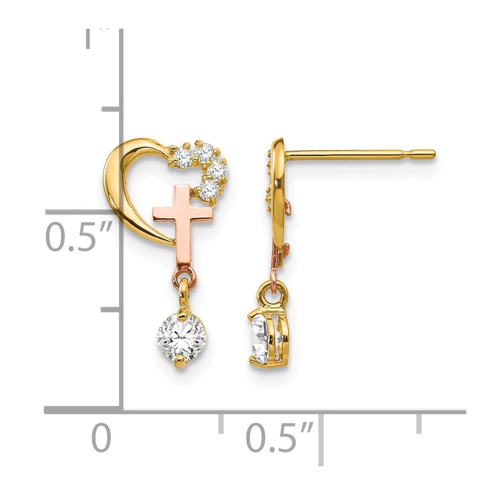 14K Two-Tone Gold Madi K Two-tone CZ Cross and Heart Post Earrings, view 4 of 5