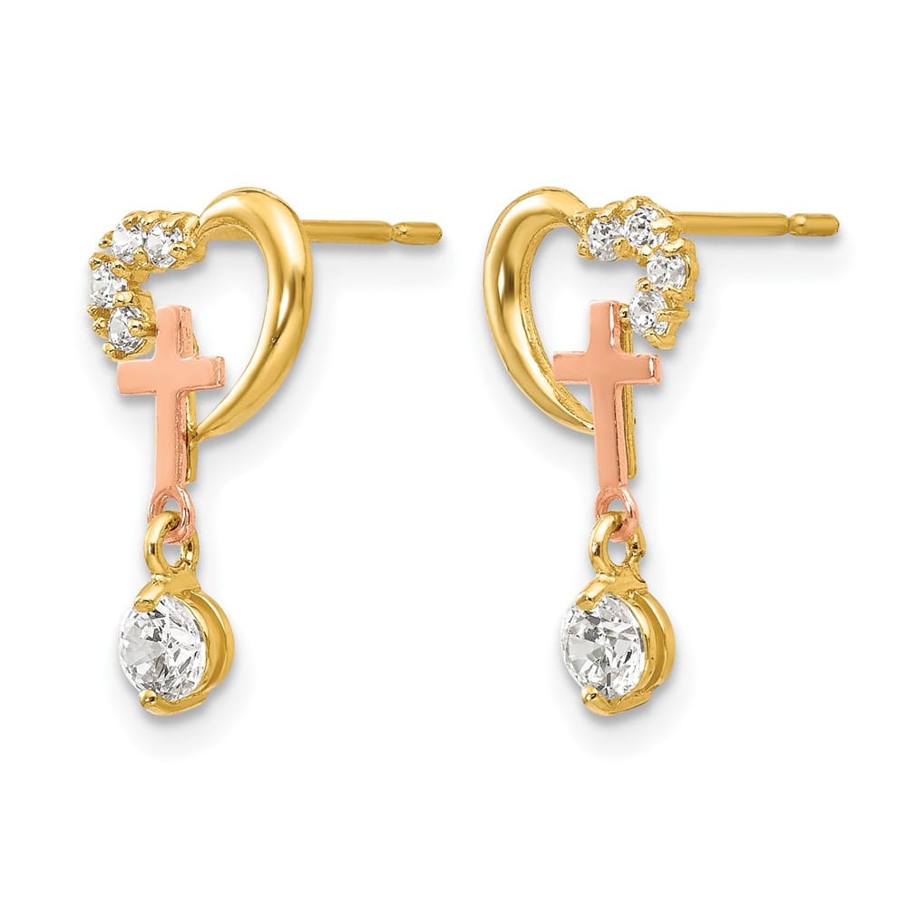14K Two-Tone Gold Madi K Two-tone CZ Cross and Heart Post Earrings, view 2 of 5