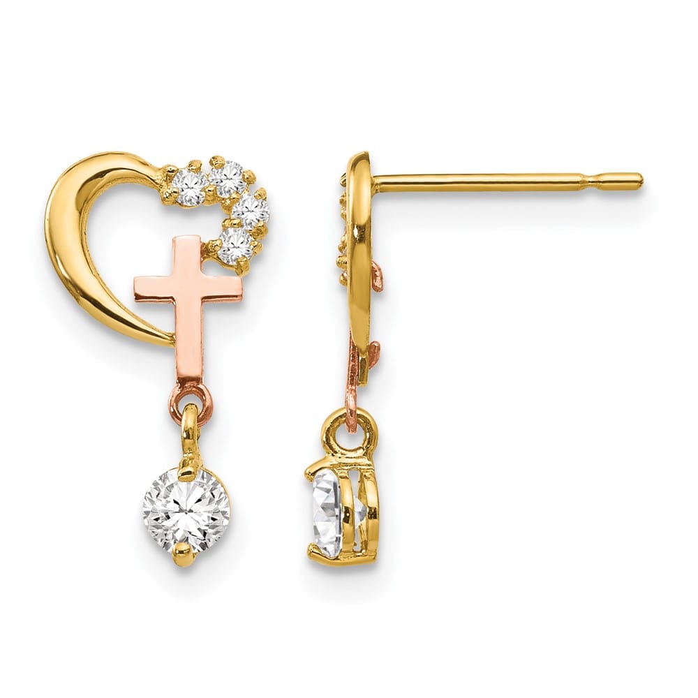 14K Two-Tone Gold Madi K Two-tone CZ Cross and Heart Post Earrings, view 1 of 5