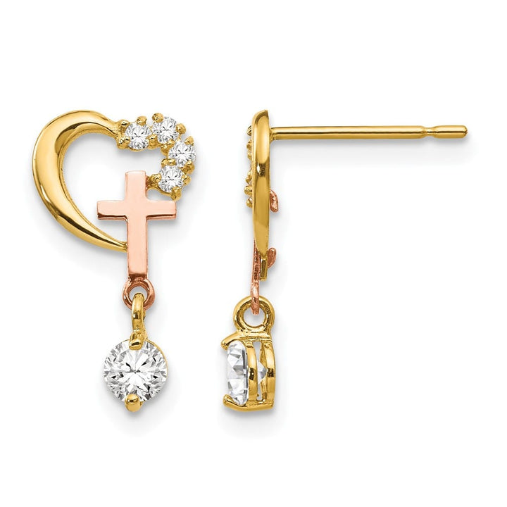 14K Two-Tone Gold Madi K Two-tone CZ Cross and Heart Post Earrings, view 1 of 5