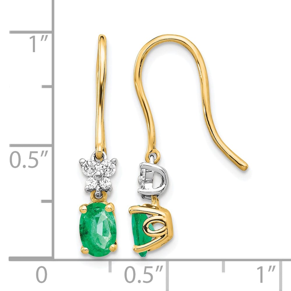14K Two-Tone Gold Oval Emerald and Diamond Shepherd Hook Earrings, view 4 of 4