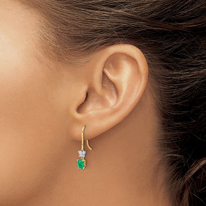 14K Two-Tone Gold Oval Emerald and Diamond Shepherd Hook Earrings, view 3 of 4