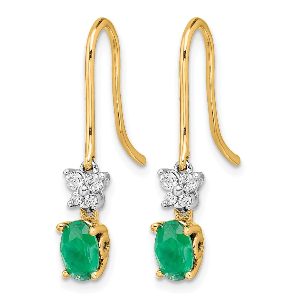 14K Two-Tone Gold Oval Emerald and Diamond Shepherd Hook Earrings, view 2 of 4