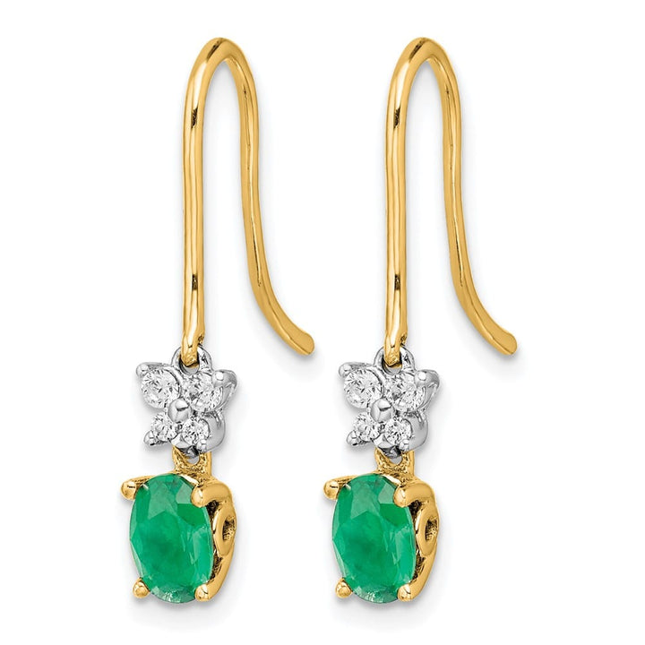 14K Two-Tone Gold Oval Emerald and Diamond Shepherd Hook Earrings, view 2 of 4