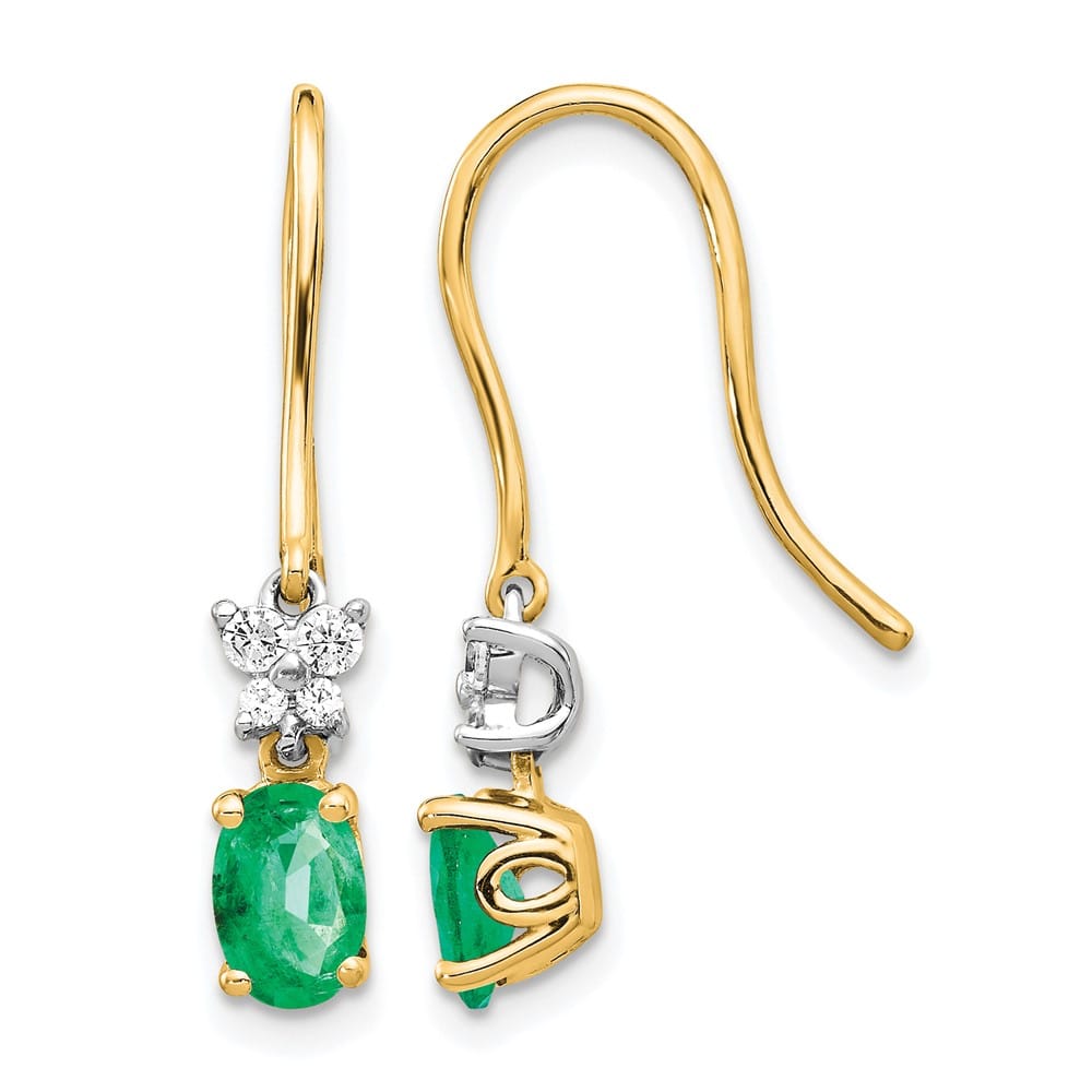 14K Two-Tone Gold Oval Emerald and Diamond Shepherd Hook Earrings, view 1 of 4
