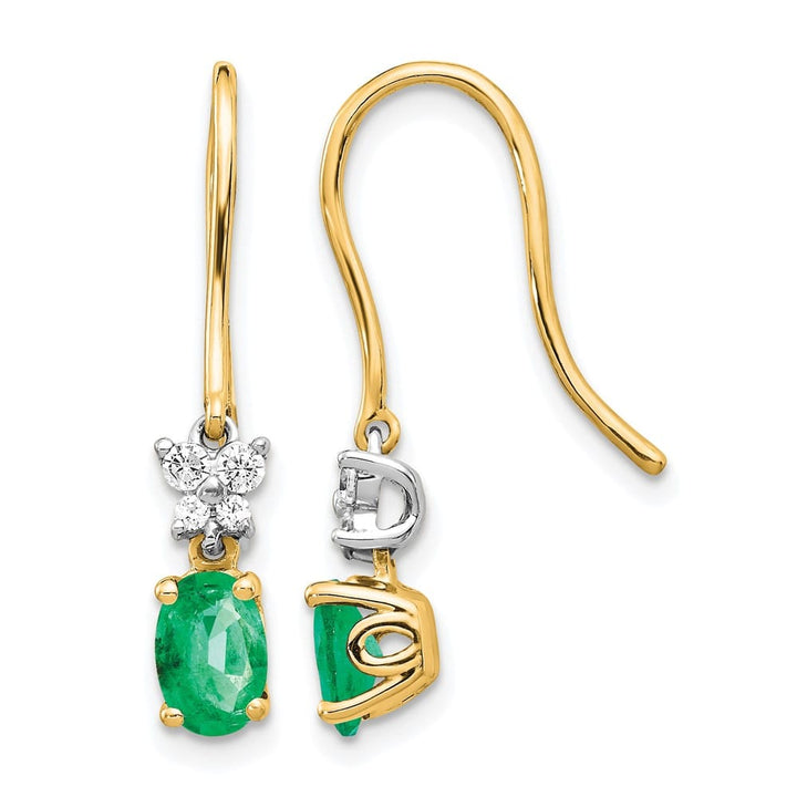 14K Two-Tone Gold Oval Emerald and Diamond Shepherd Hook Earrings, view 1 of 4