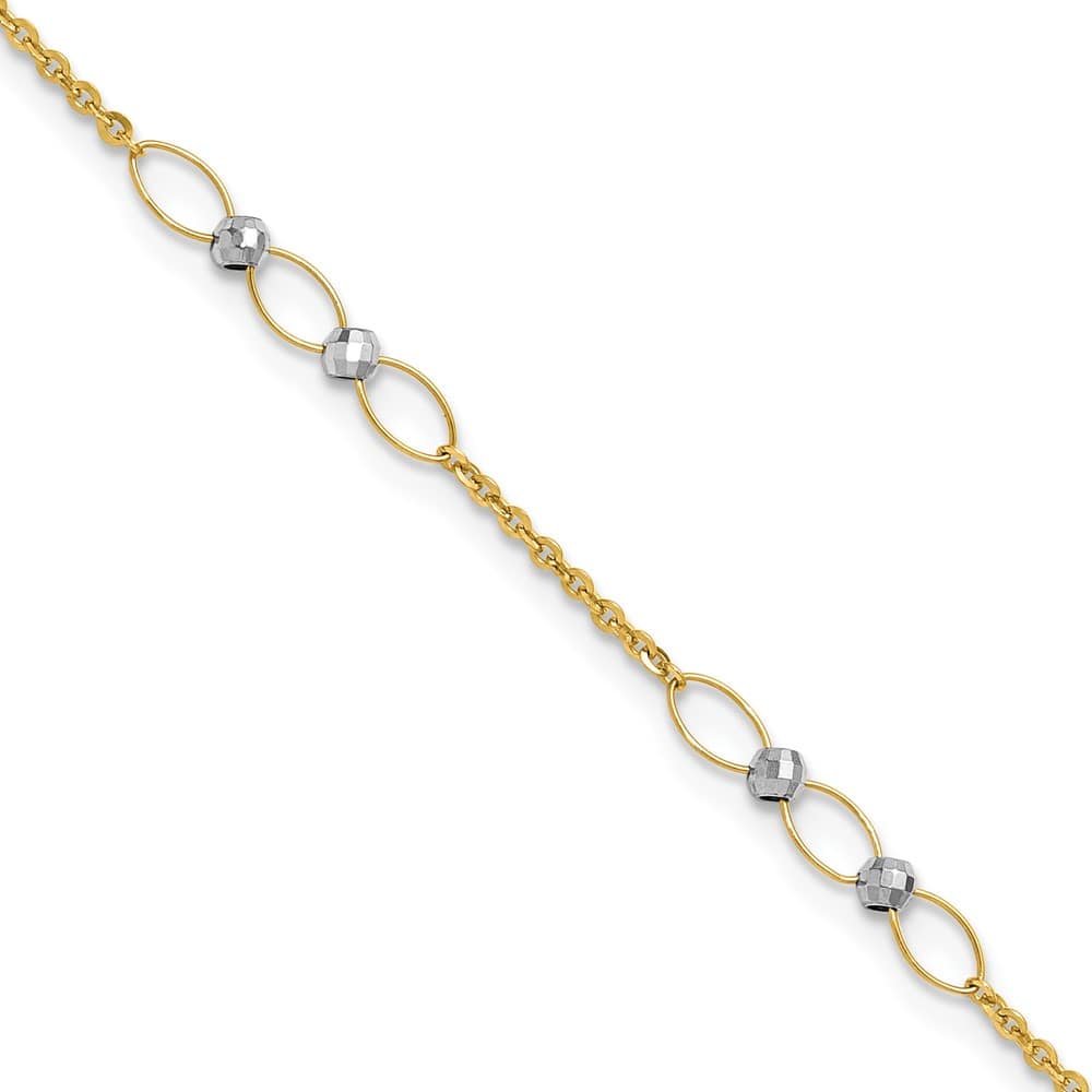 14K Two-Tone Gold Oval Links and Mirror Beads Anklet — solid 14K two-tone gold, 9 inches long, 1 inch extension, 3.7 mm wide, lobster clasp, 1.81 g