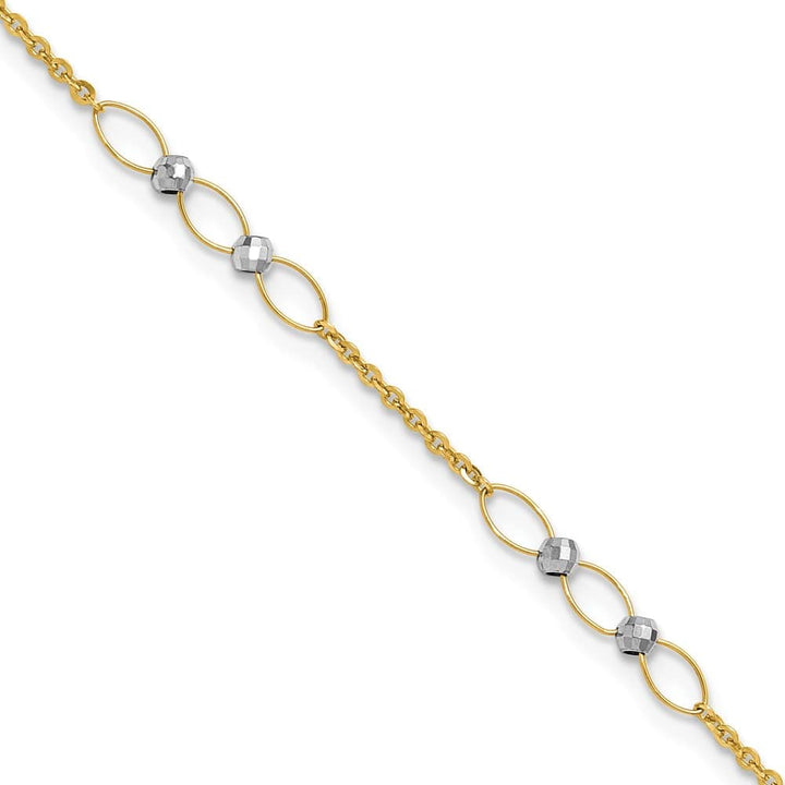 14K Two-Tone Gold Oval Links and Mirror Beads Anklet — solid 14K two-tone gold, 9 inches long, 1 inch extension, 3.7 mm wide, lobster clasp, 1.81 g