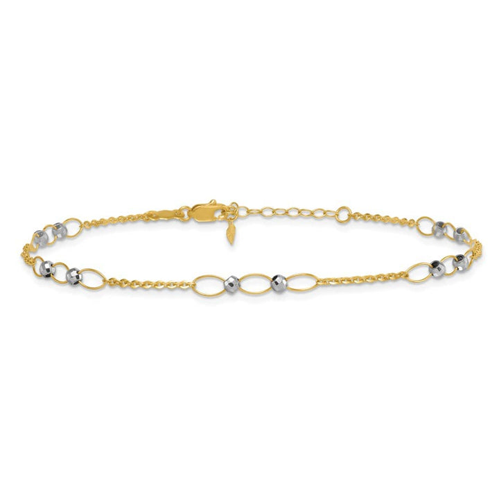 14K Two-Tone Gold Oval Links and Mirror Beads Anklet