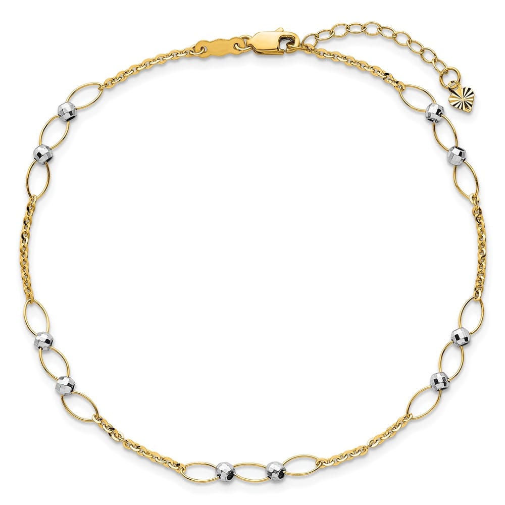 14K Two-Tone Gold Oval Links and Mirror Beads Anklet