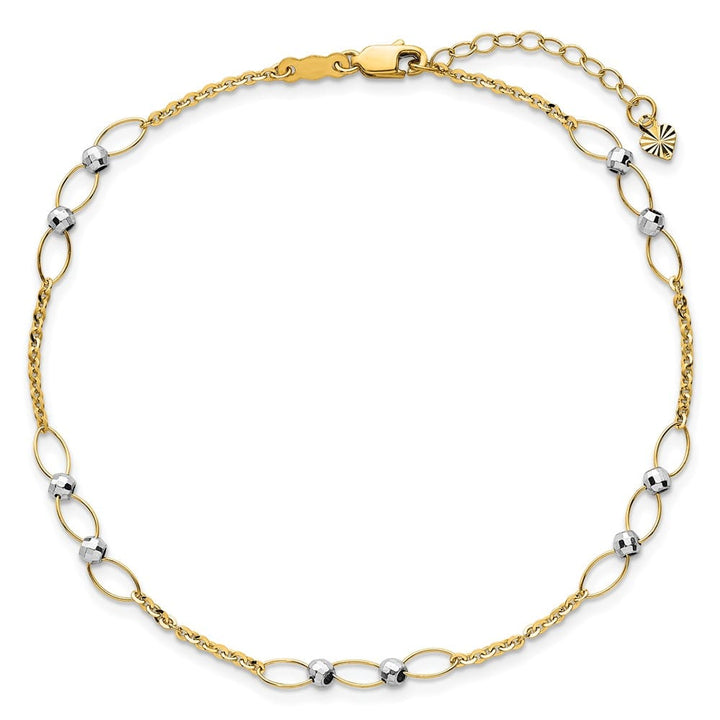 14K Two-Tone Gold Oval Links and Mirror Beads Anklet