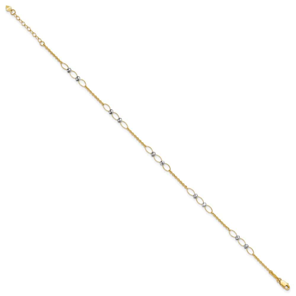 14K Two-Tone Gold Oval Links and Mirror Beads Anklet