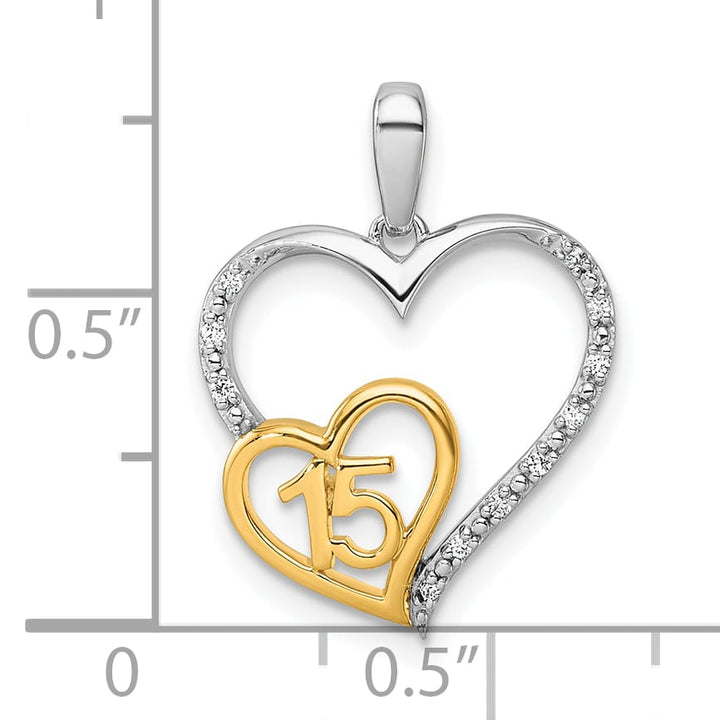 14K Two-Tone Gold Polished 1/20 carat Diamond Quinceanera 15 Heart