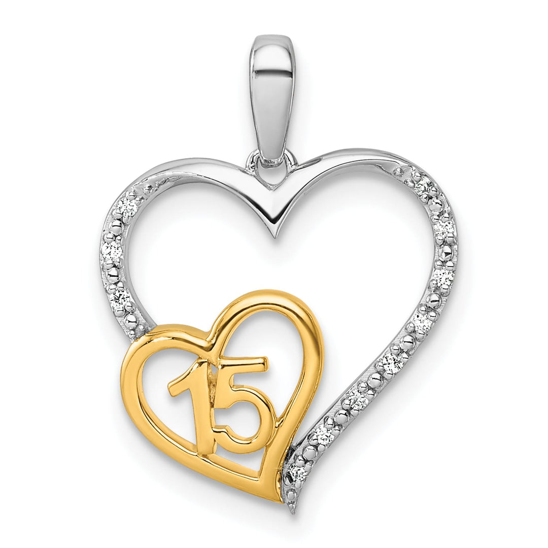 14K Two-Tone Gold Polished 1/20 carat Diamond Quinceanera 15 Heart